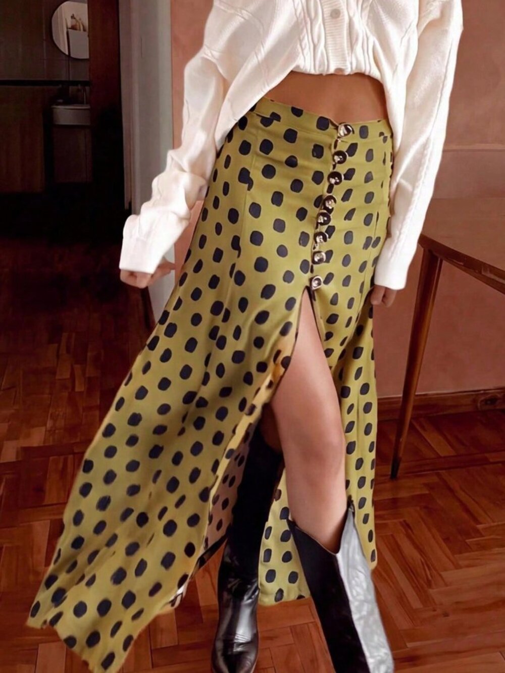 Army Green Casual Women's Halloween Large Polka Dot High Waist Midi Skirt